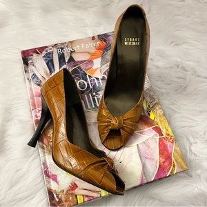 Stuart Weitzman Brown Croc Embossed Leather Peep Toe Bow Heels Size 9